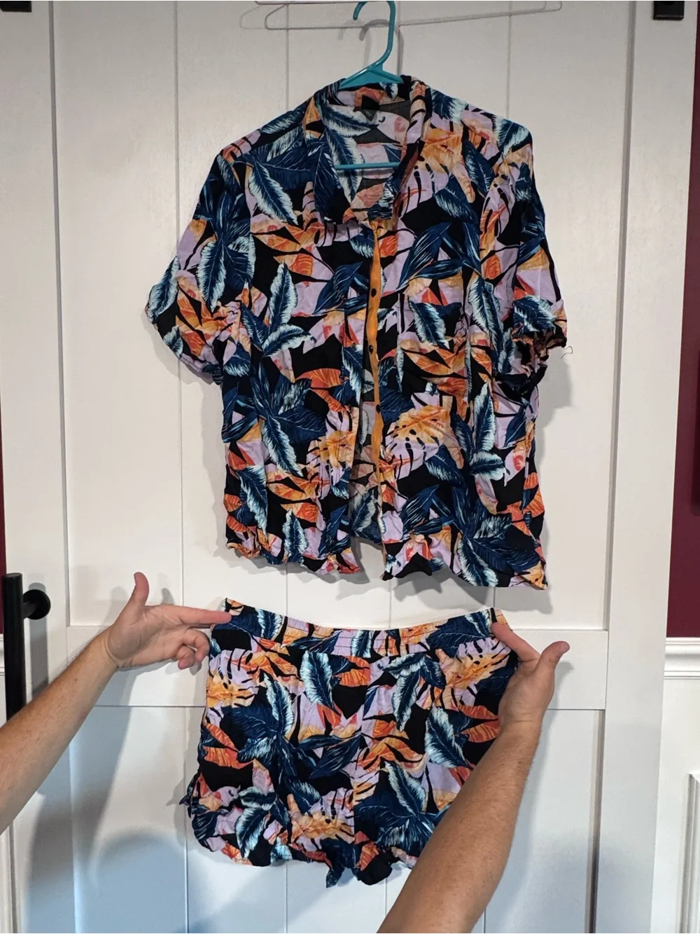 Tropical Floral Two-Piece Button Shirt & Shorts Set - Navy, Orange, Purple